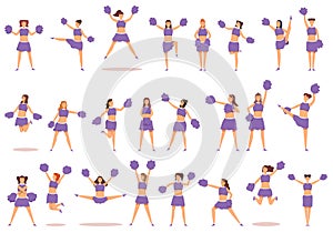 Cheerleading icons set cartoon vector. School girl