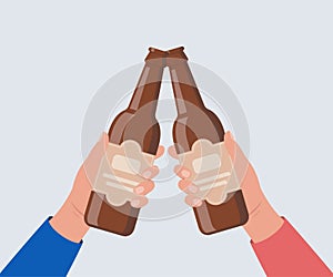 Cheers with beer bottles. Hands holding bottles with alcohol drinks. Friends toast on pub or bar party. Vector illustration