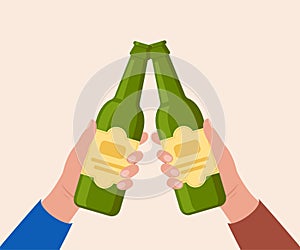 Cheers with beer bottles. Hands holding bottles with alcohol drinks. Friends toast on pub or bar party. Vector illustration