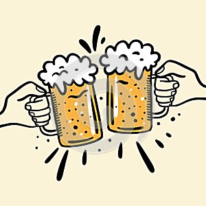 Cheers with beer glasses mug. Hand drawn vector illustration. Cartoon style. Isolated on background