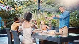 Cheers, celebrate, and friends at dinner in garden at party and diversity, food and wine at outdoor event. Glass toast