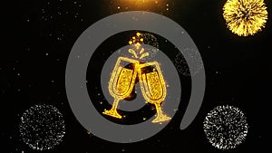 Cheers celebration toast two glasses champagne icon on firework display explosion particles.