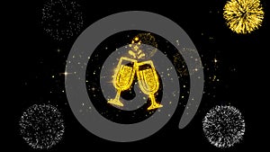 Cheers celebration toast two glasses champagne icon on glitter golden particles firework.