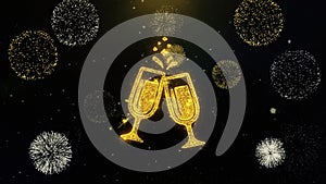 Cheers celebration toast two glasses champagne icon on gold particles fireworks display.