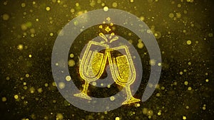 Cheers celebration toast two glasses champagne icon golden glitter shine particles.