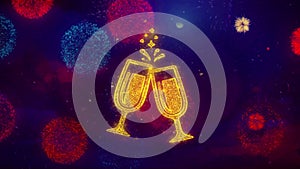 Cheers Celebration Toast Two Glasses Champagne Icon Symbol on Colorful Fireworks Particles.