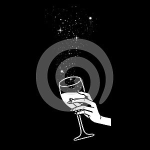 Cheers, girls drinking, hands with wine glasses and space stars potion, vector illustration