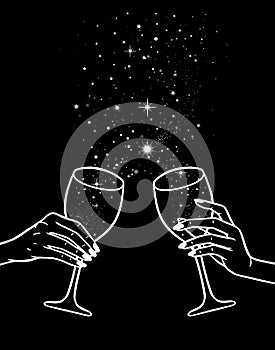 Cheers, girls drinking, hands with wine glasses and space stars potion, vector illustration