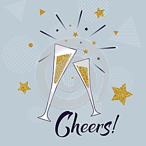 Cheers! hand lettering with glasses of champagne