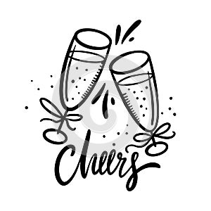 Cheers lettering with hand drawn wine glasses. Cartoon style. Isolated on white background