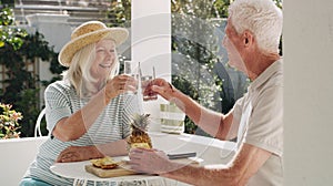 Cheers my love. a happy senior couple sitting outside together and toasting with water while enjoying a snack.