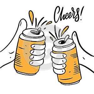 Cheers phrase calligraphy. Aluminum can in hands. Vector illustration