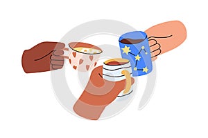 Cheers with tea and coffee cups. Hands with mugs with non-alcohol drinks. Diverse friends gathering, celebrating holiday photo