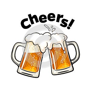 Cheers text. Two toasting beer mugs. Clinking glass tankards full of beer and splashed foam. Design elements for beer