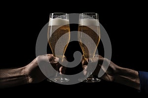 Cheers to friendship. close-up of hands reaching out with full beer glasses for a joyful toast