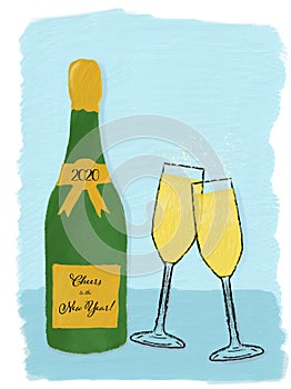Cheers to the New Year 2020! Digitally painted hand done illustration of champagne bottle and glasses to celebrate New Year`s 2020