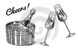 Cheers toast. Clink glasses of champagne or sparkling wine in hand. Celebration concept. Grape alcoholic drink. Vintage