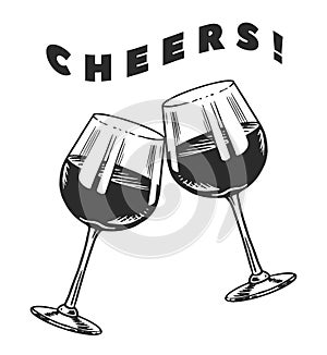 Cheers toast and clink glasses of wine in hand. Celebration concept. Red grape alcoholic drink. Vintage badge. Splashing