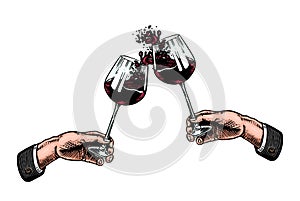 Cheers toast and clink glasses of wine in hand. Celebration concept. Red grape alcoholic drink. Vintage badge. Splashing
