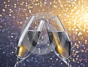Cheers with two champagne flutes with golden bubbles on light bokeh background