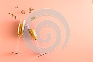 Cheers! Two champagne glasses with ribbons and confetti, Merry Christmas and Happy New Year concept. 3d rendering Illustration