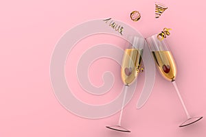 Cheers! Two champagne glasses with ribbons and confetti, Merry Christmas and Happy New Year concept. 3d rendering Illustration