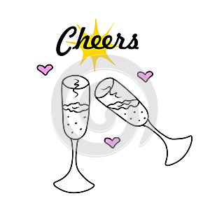 Cheers. Two champagne glasses. Vector Illustration for printing, backgrounds, wallpapers, covers, packaging