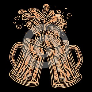 Cheers,Two clinking glasses mugs. Clinking glass tankards full of beer and splashed foam. Hand drawn vector illustration