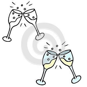 Cheers Two wineglass with wine, champagne clip clop clattering. Holiday celebration, romantic date, dinner. Simple doodle