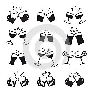 Cheers with various glasses icon set. Vector.