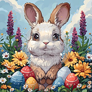 Cheery Easter Bunny holding a painted egg.