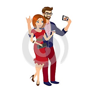 Cheery handsome man and woman in red dress are taking a snapshot of themselves photo