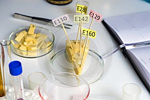 A chees decorated with name plates of additives E, test tubes stand nearby. Food laboratory. Close up on a white table.