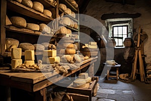 cheese aging on wooden shelves in a cellar