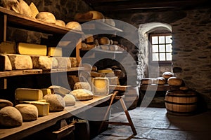 cheese aging on wooden shelves in a cellar