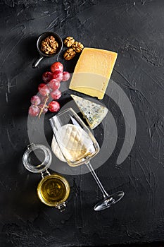 Cheese appetizer selection or whine snack set. Variety of mold french cheese, grapes, pecan nuts, white sauvignon wine and honey