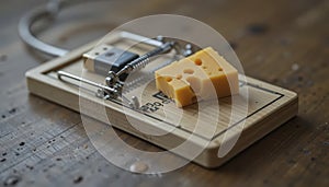 Cheese Baiting Mousetrap with Usb Drive Symbolizing Security Risk on Wood Table photo