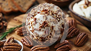 Cheese ball coated with crushed pecans served on wooden board