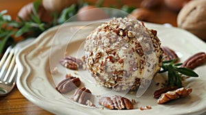 Cheese ball coated with crushed pecans served on wooden board