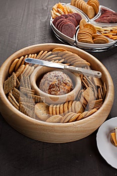 Cheese Ball with Crackers vertical shot