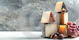 Cheese board. Different sorts of cheese. traditional pieces of Spanish, French, Italy cheese. Long banner format