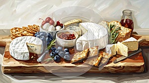 a cheese board, featuring blue cheese, brie, camembert, cheddar, Emmental, goat cheese, ricotta, and havarti