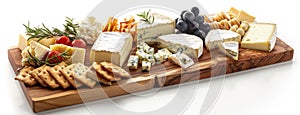 a cheese board, featuring blue cheese, brie, camembert, cheddar, Emmental, goat cheese, ricotta, and havarti