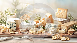 a cheese board, featuring blue cheese, brie, camembert, cheddar, Emmental, goat cheese, ricotta, and havarti