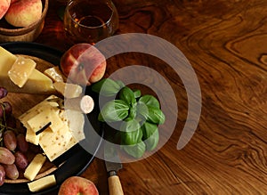 cheese board and fresh fruit grapes