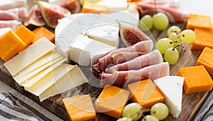 Cheese Board With Fruits And Ham On A Table