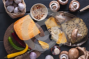 Cheese on the board and spices. Black background