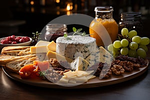 Cheese board with walnuts figs bread jams and grapes