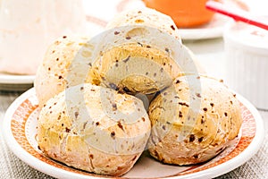 Cheese bread biscuit, traditional brazilian bread made with fresh mineiro cheese, served in snack bars and bakeries in Brazil