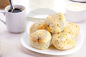 Cheese bread biscuit, traditional brazilian bread made with fresh mineiro cheese, served in snack bars and bakeries in Brazil